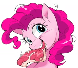 Size: 1398x1220 | Tagged: safe, artist:honkinghighblood, derpibooru import, pinkie pie, earth pony, pony, bust, cute, eating, food, looking at you, meat, ponies eating meat, simple background, solo, steak, white background