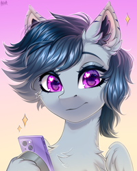 Size: 2000x2500 | Tagged: safe, artist:hakaina, derpibooru import, oc, oc only, pegasus, pony, abstract background, cellphone, chest fluff, colored, ear fluff, ears, eyelashes, eyeshadow, fluffy, gray coat, heart, heart eyes, high res, hoof hold, looking at you, magenta eyes, makeup, neck fluff, partially open wings, pegasus oc, phone, shading, signature, smartphone, solo, wing fluff, wingding eyes, wings