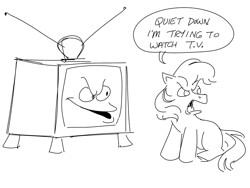 Size: 984x740 | Tagged: safe, artist:mellodillo, derpibooru import, earth pony, pony, g1, angry, black and white, dialogue, female, grayscale, mare, monochrome, simple background, sitting, sketch, solo, speech bubble, television, white background