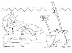 Size: 992x731 | Tagged: safe, artist:mellodillo, derpibooru import, posey, earth pony, pony, g1, animate object, black and white, chase, female, grayscale, mare, monochrome, open mouth, rake, running, screaming, shovel, simple background, white background, windswept mane