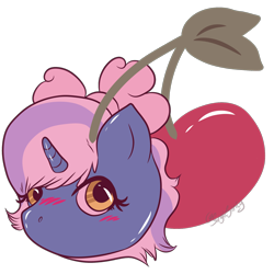 Size: 2160x2160 | Tagged: safe, alternate version, artist:singlesanity, derpibooru import, oc, oc only, oc:fleurbelle, alicorn, pony, alicorn oc, blushing, bow, cherry, female, food, golden eyes, hair bow, horn, mare, pink background, simple background, solo, transparent background, wings