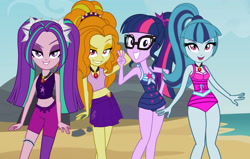 Size: 4000x2545 | Tagged: safe, artist:bigpurplemuppet99, derpibooru import, adagio dazzle, aria blaze, sci-twi, sonata dusk, twilight sparkle, equestria girls, clothes, swimsuit, the dazzlings