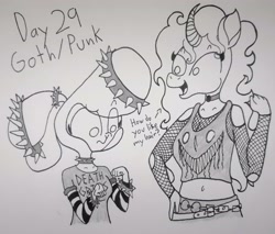 Size: 3257x2776 | Tagged: safe, artist:spoopygirl, derpibooru import, oleander, pom lamb, anthro, them's fightin' herds, community related, female, goth, lineart, punk, traditional art