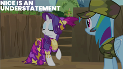 Size: 2000x1125 | Tagged: safe, derpibooru import, edit, edited screencap, editor:quoterific, screencap, rainbow dash, rarity, pegasus, pony, unicorn, dragon quest, clothes, dress, hat, horn, wings