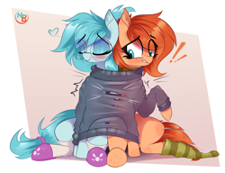 Size: 4428x3401 | Tagged: safe, artist:nevobaster, derpibooru import, oc, oc:rusty gears, oc:whispy slippers, pony, abstract background, blushing, clothes, duo, exclamation point, eyes closed, female, freckles, glasses, heart, mare, scarf, shared clothing, sitting, slippers, smiling, sock, socks, striped scarf, striped socks, sweater, torn clothes, turtleneck, worried