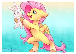 Size: 3507x2480 | Tagged: safe, artist:tokokami, derpibooru import, angel bunny, fluttershy, pegasus, pony, rabbit, :t, angel bunny is not amused, animal, belly, bipedal, chest fluff, cute, ears, female, floppy ears, happy, holding a bunny, hoof fluff, male, mare, open mouth, open smile, partially open wings, shyabetes, smiling, the lion king, unamused, unshorn fetlocks, wings