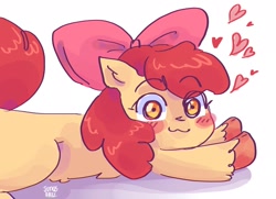 Size: 2048x1479 | Tagged: safe, artist:dmitrymemovznok, derpibooru import, apple bloom, earth pony, pony, adorabloom, apple bloom's bow, blushing, bow, cute, female, filly, floating heart, foal, hair bow, heart, looking at you, lying down, simple background, solo, unshorn fetlocks, white background