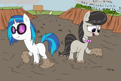 Size: 2400x1600 | Tagged: safe, artist:amateur-draw, derpibooru import, dj pon-3, octavia melody, vinyl scratch, earth pony, pony, unicorn, bow, female, females only, glasses, mare, mud, muddy, muddy hooves, quicksand, text, wet and messy