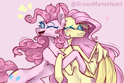 Size: 3000x2016 | Tagged: safe, artist:greenmaneheart, derpibooru import, fluttershy, pinkie pie, earth pony, pegasus, pony, concave belly, crying, duo, duo female, ears, female, floating heart, floppy ears, heart, hug, long mane, looking at each other, looking at someone, mare, one eye closed, open mouth, partially open wings, signature, simple background, slim, smiling, smiling at each other, sternocleidomastoid, thin, wings