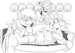 Size: 1202x841 | Tagged: safe, artist:nauyaco, derpibooru import, applejack, pinkie pie, oc, pegasus, pony, applejack's hat, cider mug, clothes, cowboy hat, hat, monochrome, mug, unshorn fetlocks