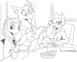 Size: 1414x1150 | Tagged: safe, artist:nauyaco, derpibooru import, smolder, oc, griffon, pony, unicorn, clothes, monochrome, suit