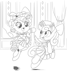 Size: 1135x1204 | Tagged: safe, artist:nauyaco, derpibooru import, cozy glow, princess flurry heart, alicorn, pegasus, pony, clothes, cosplay, costume, monochrome, older, open mouth, open smile, sailor moon, smiling