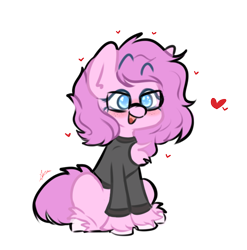 Size: 3319x3358 | Tagged: artist needed, safe, derpibooru import, oc, oc only, oc:materlia harvest, earth pony, pony, blushing, chest fluff, chibi, clothes, earth pony oc, female, floating heart, glasses, happy, heart, mare, pink hair, simple background, solo, sweater, transparent background, unshorn fetlocks