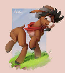 Size: 3607x4080 | Tagged: safe, artist:uliovka, derpibooru import, oc, oc only, donkey, beige background, cliff, commission, disassembly fetish, donkey oc, eyebrows, fetish, half, high res, male, modular, signature, simple background, solo, stallion, tail, unnamed oc