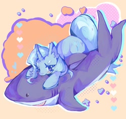 Size: 2100x1987 | Tagged: safe, artist:magentamoshi, derpibooru import, trixie, pony, shark, unicorn, blushing, blåhaj, raspberry, riding, shark plushie, tongue, tongue out