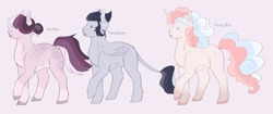 Size: 1280x539 | Tagged: safe, artist:ponymaws, derpibooru import, oc, oc only, earth pony, pegasus, pony, unicorn, coat markings, dappled, earth pony oc, horn, leonine tail, offspring, parent:big macintosh, parent:fancypants, parent:pinkie pie, parent:rainbow dash, parent:rarity, parents:fancydash, parents:pinkiepants, parents:rarimac, pegasus oc, pink background, simple background, tail, trio, unicorn oc