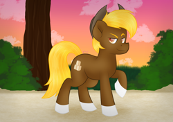 Size: 2507x1763 | Tagged: safe, derpibooru import, oc, oc only, oc:acres, earth pony, pony, background, cowboy hat, earth pony oc, grass, hat, present, tree