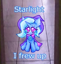 Size: 676x717 | Tagged: safe, artist:duskpyx, derpibooru import, trixie, unicorn, dialogue, looking at you, sad, sitting, solo, teary eyes