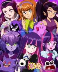 Size: 1024x1280 | Tagged: safe, artist:brennimurasaki, derpibooru import, twilight sparkle, undead, zombie, equestria girls, adventure time, anarchy stocking, cellphone, chowder, crossover, daphne blake, dc comics, disney, disney fairies, ever after high, fairy, gengar, honekoneko, lumpy space princess, panty and stocking with garterbelt, phone, plushie, pokémon, purple, raven (dc comics), raven queen, scooby doo, scooby doo and the ghoul school, sibella, teen titans go, vidia