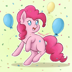 Size: 500x500 | Tagged: safe, artist:maravor, derpibooru import, pinkie pie, earth pony, pony, balloon, confetti, female, mare