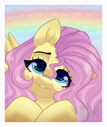 Size: 2200x2600 | Tagged: safe, artist:skyboundsiren, derpibooru import, fluttershy, pegasus, pony, bust, female, full face view, head tilt, high res, looking at you, mare, passepartout, rainbow, smiling, smiling at you, so many wonders, solo, stray strand, wings