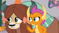 Size: 520x293 | Tagged: safe, derpibooru import, screencap, gallus, smolder, yona, dragon, yak, season 8, the hearth's warming club, spoiler:s08, animated, can't argue with that, dragoness, duo, female, gif, monkey swings, offscreen character, open mouth, shrug