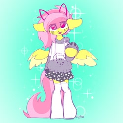 Size: 1500x1500 | Tagged: safe, artist:koa, derpibooru import, pegasus, semi-anthro, cat ears, clothes, colored wings, colored wingtips, ears, eye clipping through hair, floppy ears, hoodie, nyah, skirt, socks, solo, spread wings, thigh highs, wings