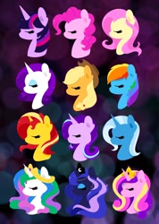 Size: 1456x2048 | Tagged: safe, artist:geekys_pins, derpibooru import, applejack, fluttershy, pinkie pie, princess cadance, princess celestia, princess luna, rainbow dash, rarity, starlight glimmer, sunset shimmer, trixie, twilight sparkle, earth pony, pegasus, pony, unicorn, eyes closed, mane six, profile