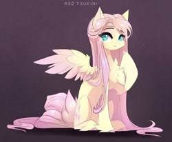 Size: 1280x1057 | Tagged: safe, artist:red_tsukini, derpibooru import, fluttershy, pegasus, pony, cheek fluff, chest fluff, colored wings, colored wingtips, eye clipping through hair, female, looking at you, mare, sitting, smiling, smiling at you, solo, spread wings, wings