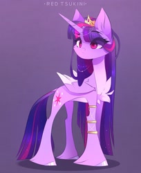 Size: 2149x2635 | Tagged: safe, artist:red_tsukini, derpibooru import, twilight sparkle, twilight sparkle (alicorn), alicorn, pony, bracelet, chest fluff, colored wings, colored wingtips, eye clipping through hair, eyebrows, eyebrows visible through hair, jewelry, leonine tail, solo, tail, unshorn fetlocks, wings