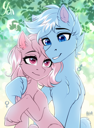 Size: 2060x2800 | Tagged: safe, artist:hakaina, derpibooru import, oc, oc only, earth pony, pony, belly, blurry background, cheek fluff, chest fluff, colored, colored sketch, commission, concave belly, couple, cute, duo, ear fluff, ears, eyebrows, female, female symbol, grin, height difference, high res, hoof fluff, hooves, hug, lidded eyes, lighting, looking at each other, looking at someone, male, male symbol, mare, ocbetes, raised hoof, raised leg, rose eyes, shading, signature, sitting, sketch, slim, smiling, smiling at each other, stallion, thin, unnamed character, unnamed oc, unnamed pony, unshorn fetlocks, ych example, your character here