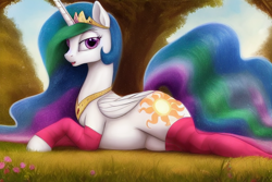 Size: 1920x1280 | Tagged: safe, derpibooru import, editor:dovakkins, generator:stable diffusion, machine learning generated, princess celestia, alicorn, pony, beautiful, clothes, cute, female, forest background, grass, hooves, jewelry, looking at you, lying down, mare, open mouth, peytral, prone, socks, solo, sparkly mane, sparkly tail, sploot, stockings, tail, thigh highs