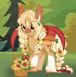 Size: 2556x2587 | Tagged: safe, artist:emberslament, derpibooru import, oc, oc:sunflower honey, bat pony, pony, basket, bow, braid, braided pigtails, braided tail, female, flower, flower in hair, freckles, mare, pigtails, solo, sunflower, tail, tail bow, unshorn fetlocks