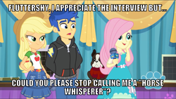 Size: 1065x600 | Tagged: safe, derpibooru import, edit, edited screencap, editor:twi clown, screencap, applejack, flash sentry, fluttershy, human, best in show: the pre-show, better together, equestria girls, banana (dog), caption, female, image macro, male, text