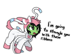 Size: 1209x905 | Tagged: safe, artist:neuro, derpibooru import, oc, oc only, oc:anon filly, earth pony, pony, animal costume, clothes, costume, dialogue, female, filly, foal, kigurumi, mare, pokémon, pokémon costume, simple background, solo, sylveon, transparent background