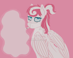 Size: 1280x1014 | Tagged: safe, artist:cherrycandi, derpibooru import, oc, oc:candy care, pegasus, pony, bags under eyes, cigarette, deviantart watermark, folded wings, lineless, messy mane, obtrusive watermark, simple background, smoke, solo, watermark, wings