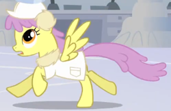 Size: 347x225 | Tagged: safe, derpibooru import, screencap, parasol, pegasus, pony, season 1, sonic rainboom (episode), alternate hairstyle, clothes, cropped, earmuffs, female, galloping, looking up, mare, open mouth, running, scarf, solo focus, spread wings, weather factory, weather factory uniform, wings