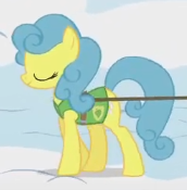 Size: 172x175 | Tagged: safe, derpibooru import, screencap, earth pony, pony, season 1, winter wrap up, animation error, cropped, earth pony lemon hearts, eyes closed, female, harness, mare, missing horn, plant team, race swap, walking, winter wrap up vest