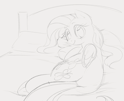 Size: 1271x1036 | Tagged: safe, artist:dotkwa, derpibooru import, fluttershy, pegasus, pony, bed, butt, cute, female, flutterbutt, gray background, grayscale, looking at you, lying down, mare, monochrome, on bed, on side, plot, shyabetes, simple background, sketch, smiling, smiling at you, solo