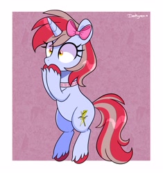 Size: 3100x3300 | Tagged: safe, artist:darkynez, derpibooru import, oc, oc only, oc:cinnamon lightning, pony, unicorn, bow, collar, hair bow, solo, wide eyes