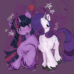 Size: 1937x1937 | Tagged: safe, artist:stanleyiffer, derpibooru import, rarity, twilight sparkle, unicorn twilight, pony, unicorn, blushing, chest fluff, duo, female, fluffy, heart, lesbian, rarilight, shipping, smiling, sparkles, unshorn fetlocks