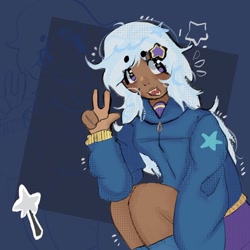 Size: 2046x2046 | Tagged: safe, artist:stanleyiffer, derpibooru import, trixie, human, beanbrows, clothes, eyebrows, hoodie, humanized, peace sign, solo