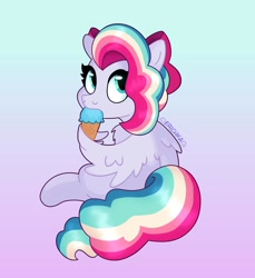 Size: 963x1050 | Tagged: safe, artist:erichkaofficial, derpibooru import, oc, oc only, oc:sky sorbet, pegasus, pony, bow, eating, food, gradient background, hair bow, ice cream, ice cream cone, pegasus oc, sitting, solo, wing hands, wings