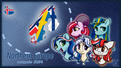 Size: 1920x1080 | Tagged: safe, artist:brella, derpibooru import, oc, oc only, pony, chinese, denmark, english, finland, iceland, map, nation ponies, national flag, norway, ponified, sweden