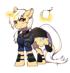 Size: 2271x2351 | Tagged: safe, artist:swaybat, derpibooru import, oc, oc only, oc:flash meteor, pony, unicorn, fallout equestria, armor, coffee, security armor, security guard, simple background, solo, transparent background