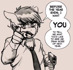 Size: 3143x3000 | Tagged: safe, artist:replica, derpibooru import, oc, oc only, oc:replica, anthro, earth pony, angry, bedroom eyes, clothes, dialogue, digital art, gun, handgun, holding, male, monochrome, necktie, shirt, sketch, solo, speech bubble, talking to viewer, text, unamused, weapon