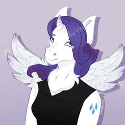 Size: 894x894 | Tagged: safe, artist:cockiecola, derpibooru import, rarity, alicorn, anthro, alicornified, clothes, female, gradient background, hoers, mare, neck fluff, race swap, raricorn, smiling, solo, spread wings, wings