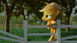 Size: 1920x1080 | Tagged: safe, artist:enteryourponyname, derpibooru import, applejack, bird, earth pony, pony, 3d, apple, apple tree, applejack's hat, blender, blender cycles, blurry background, clothes, cowboy hat, crossed hooves, fence, grass, hat, leaning, leaning forward, looking at something, relaxed, simple background, solo, sweet apple acres, tree