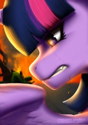 Size: 1448x2048 | Tagged: safe, artist:izalith_itxi, derpibooru import, twilight sparkle, twilight sparkle (alicorn), alicorn, pony, twilight's kingdom, burning, close-up, crying, golden oaks library, solo