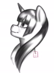 Size: 1516x2048 | Tagged: safe, artist:izalith_itxi, derpibooru import, oc, oc only, pony, unicorn, monochrome, simple background, solo, white background